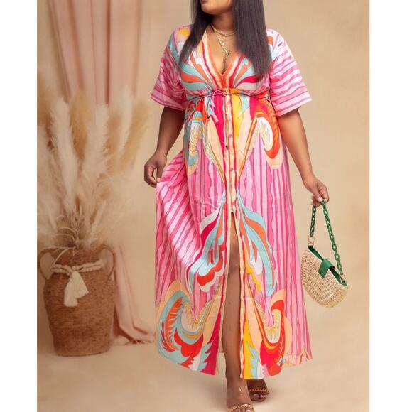 Pink Abstract Batwing Sleeve Elastic Waist Button Down Summer Maxi Dress Size XL - Picture 1 of 16